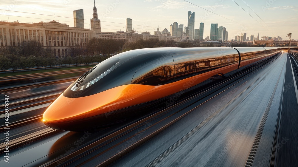 Fototapeta premium A modern high-speed train navigates the tracks connecting Russia and China, featuring a streamlined shape and sleek exterior