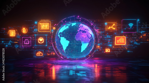 Futuristic internet connectivity concept with vibrant holographic globe surrounded by tech icons