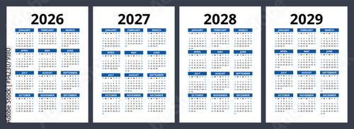 2026, 2027, 2028 and 2029 year calendar set. Color vector pocket calender design. January, February, March, April, May, June, July, August, September, October, November, December