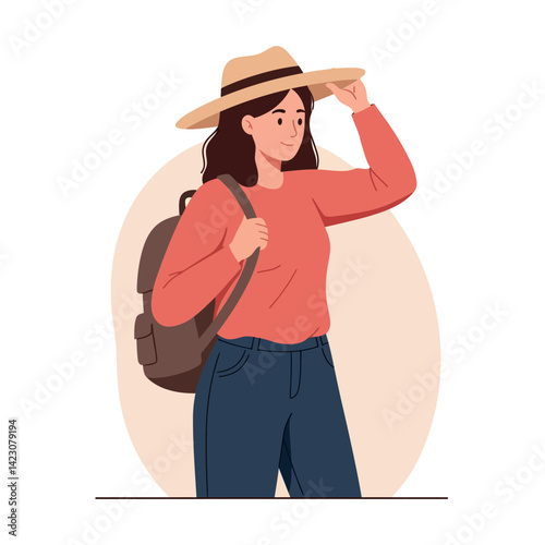 Woman traveler with backpack and hat preparing for an outdoor adventure casual clothing and accessories vector illustration 