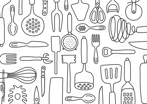 Kitchen knolling. Kitchenware sketch set. Doodle line vector utensils, tools and cutlery. Spatula, spoon, knife, sieve and scissors. Vegetable peeler, whisk and bottle opener