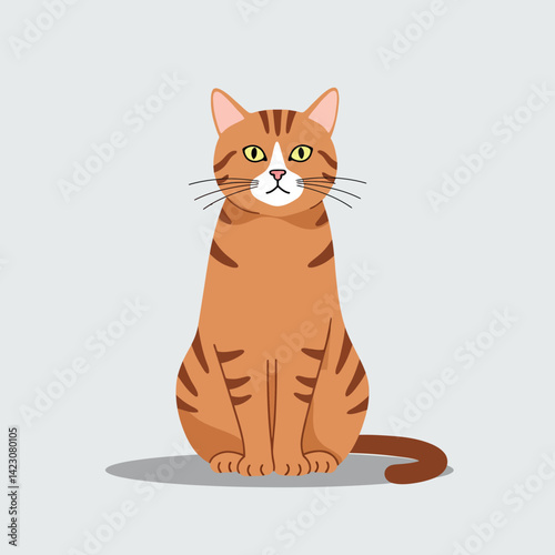 Orange tabby cat sitting with attentive expression and striped fur vector illustration 