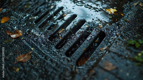 Water Flowing Into Drain with Autumn Leaves Wet Street