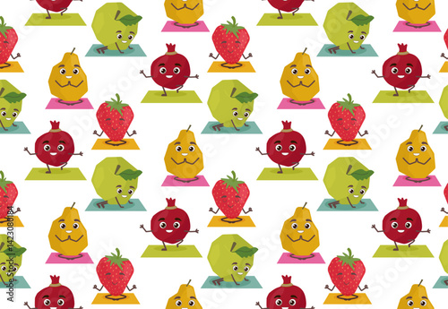 Seamless vector illustration with funny green fruits and vegetables doing yoga. Pear, pomegranate, strawberry and apple. Bright colors and geometric shapes create a playful design. Funny hand drawn yo