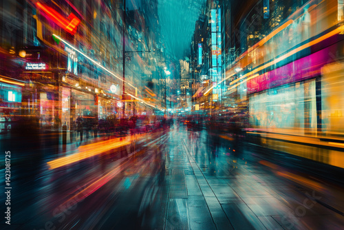 Abstract City Night Scene Vibrant Rain Streaks and Neon Lights