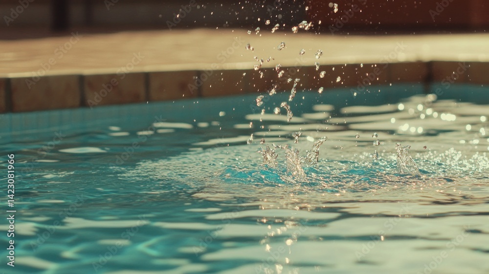 Water droplets splash in a pool creating a dynamic display Water droplets splash in a pool creating a dynamic display