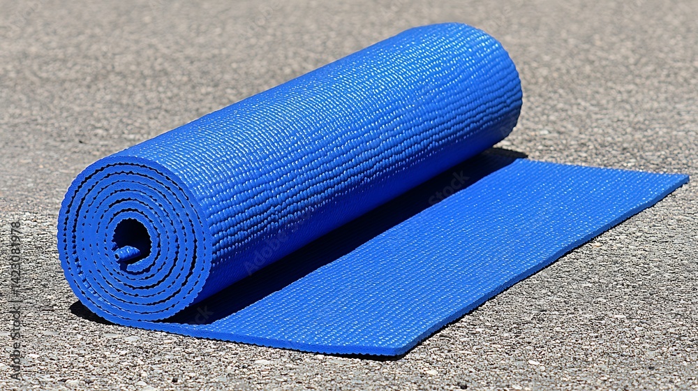 Rolled blue yoga mat on asphalt