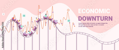 Economic downturn trade war roller coaster people riding unstable graph lines pastel colors abstract finance crisis banner