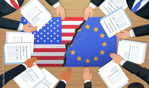 Trade war USA European Union tariffs conflict negotiation businesspeople divided table documents cracked flag economic dispute banner