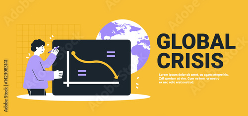 Global crisis economic downturn trade war concept businessman analyzing falling graph chart earth background modern website banner