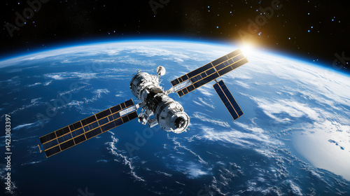 Fototapeta Naklejka Na Ścianę i Meble -  Futuristic space station orbiting Earth, illuminated by sunlight