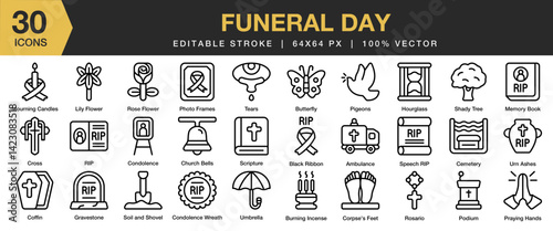 Funeral Day icon set. Editable Stroke Icon Collection. Includes funeral, mourning, burial, cemetery, flower, death, and More. Outline icons vector collection.