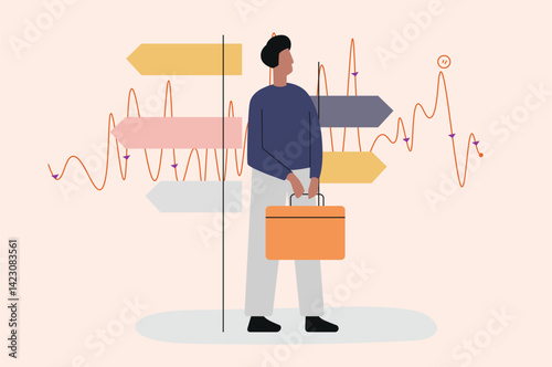 Businessman trade war tariffs war decision arrows fluctuating graph abstract background economic uncertainty flat design website banner