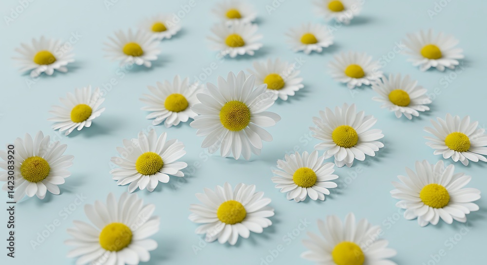 Fototapeta premium Scattered Daisies on Light Blue Background Floral Pattern