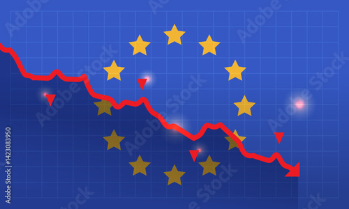 European Union trade war tariffs war economic downturn red declining graph chart yellow EU stars blue grid background financial crisis