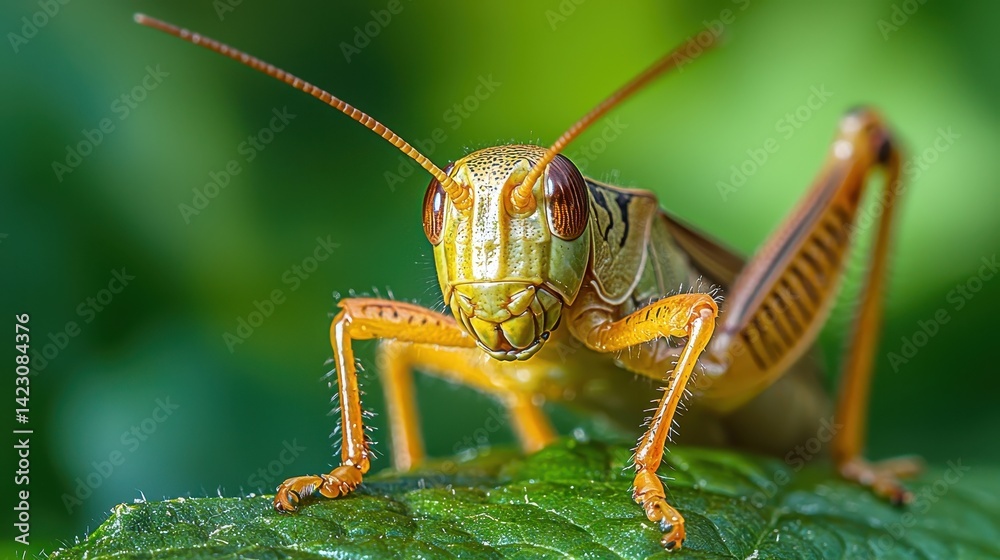 Close-up view of a grasshopper on a leaf. Close-up view of a grasshopper on a leaf.