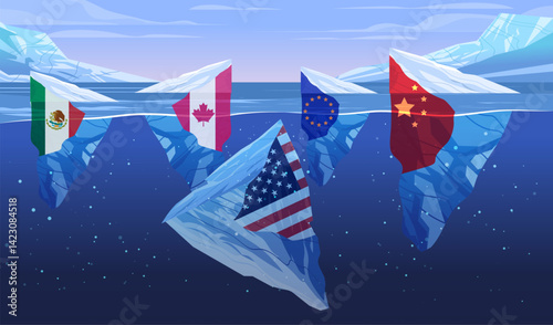 Trade war tariffs war iceberg flags United States China European Union Canada Mexico submerged conflict economic concept blue background