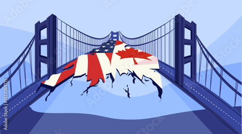 Trade war USA Canada tariffs war broken bridge concept damaged road with American and Canadian flags conflict economic relations disruption blue background