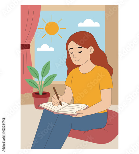 Flat Vector of Woman Journaling at Home Creative Writing in Cozy Sunlit Room. Young Woman Writing Notes Peaceful Self-Care and Relaxation at Home.