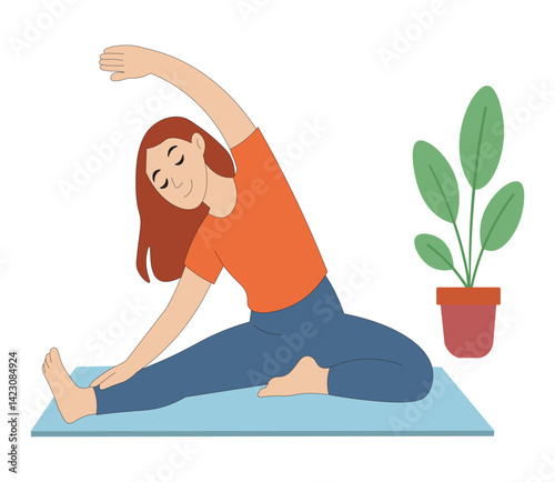 Young woman doing home yoga stretch exercise – flat vector illustration. Girl practicing yoga and flexibility workout on mat at home.