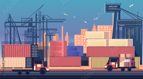 Shipping containers trade war tariffs war Canada United States port trucks cranes cityscape cargo export import logistics conflict concept