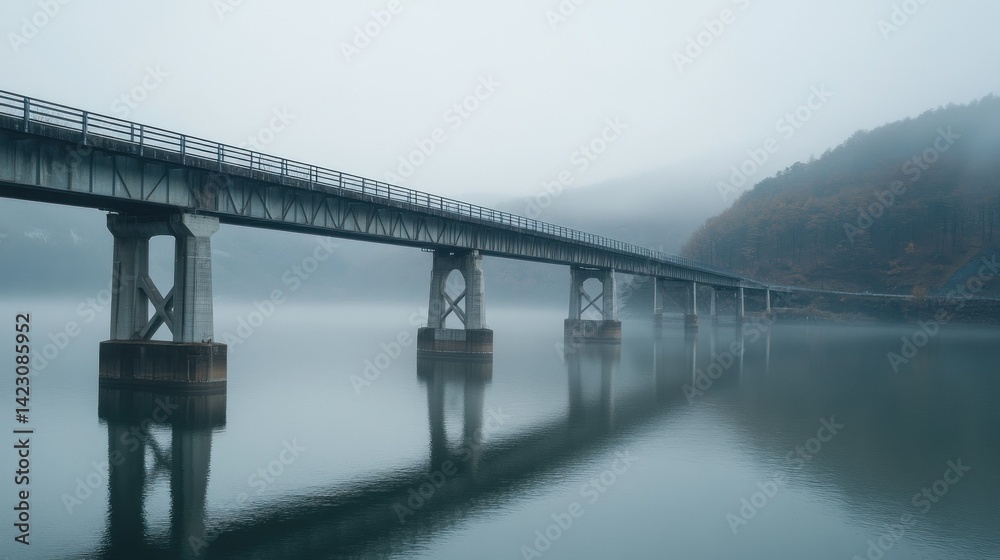 A long concrete bridge spans across a misty reflective body of water A long concrete bridge spans across a misty reflective body of water
