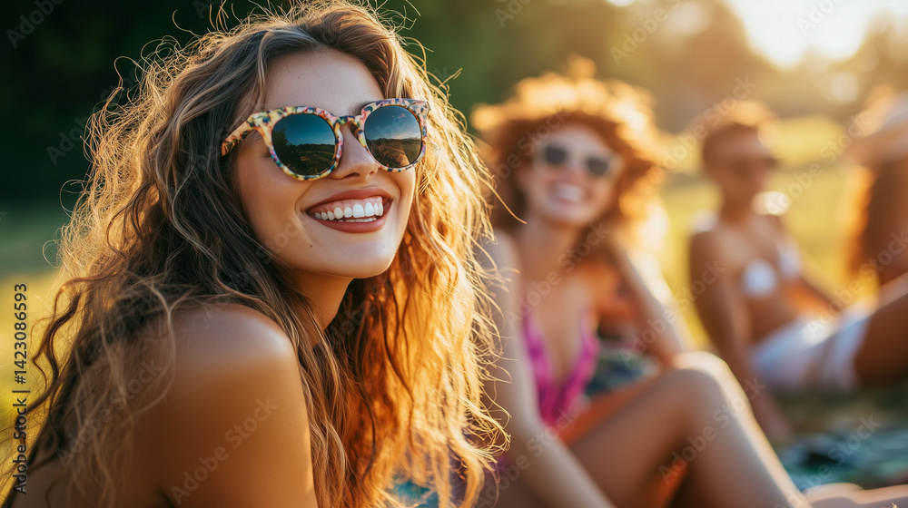 Girl enjoying time with friends at the beach. The girl is wearing a swimsuit, sunglasses and smiling brightly. The joy of summer moments, summer memories. Happy summer Girl enjoying time with friends at the beach. The girl is wearing a swimsuit, sunglasses and smiling brightly. The joy of summer moments, summer memories. Happy summer