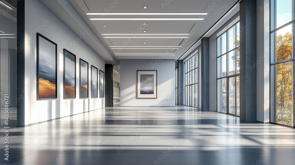 Fototapeta premium Modern gallery hallway with abstract art and expansive windows.