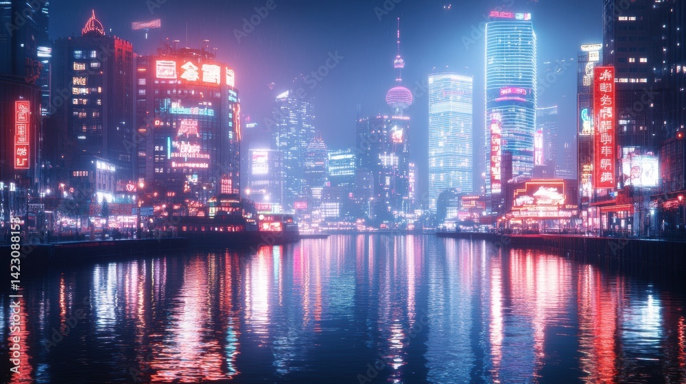 Fototapeta premium Brightly lit skyscrapers in Russian and Chinese business districts create a stunning urban landscape at night, with colorful lights reflecting on the calm water, enhancing the dynamic atmosphere
