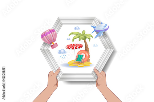 Cartoon composition, advertising holidays in tropical countries. 
The concept of travel, tourism, sun, sea, beach, vacation, palm trees, .
Vector illustration.