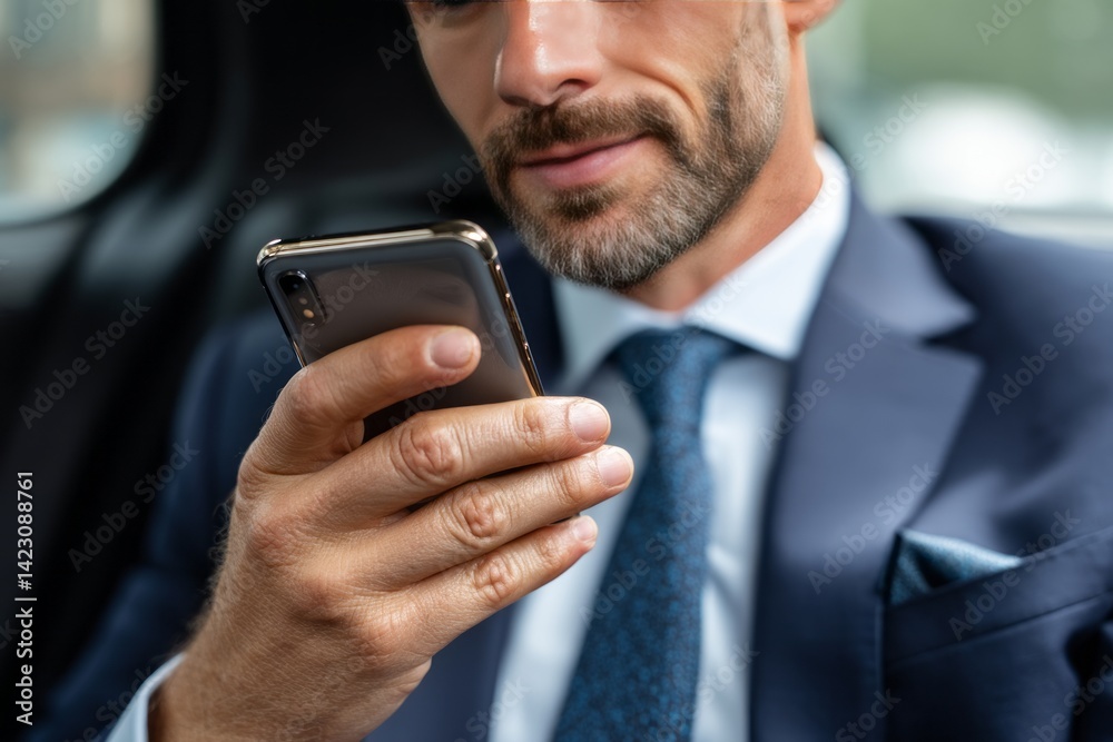 Businessman in Suit Checking Smartphone While Traveling in Car Interior Businessman in Suit Checking Smartphone While Traveling in Car Interior