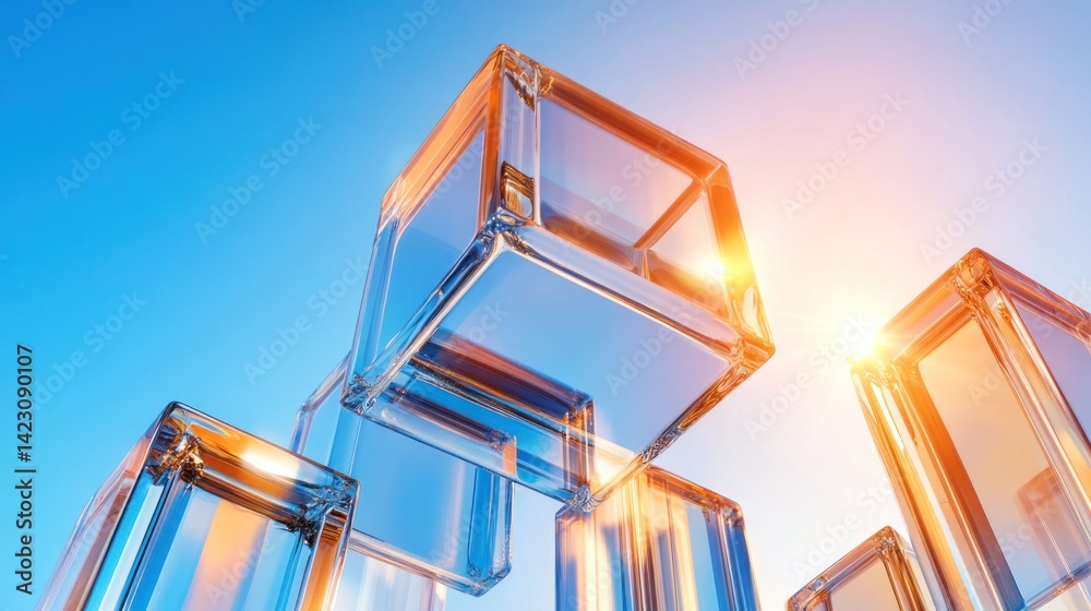Obraz premium Translucent Cubes Ascending Towards Bright Sky