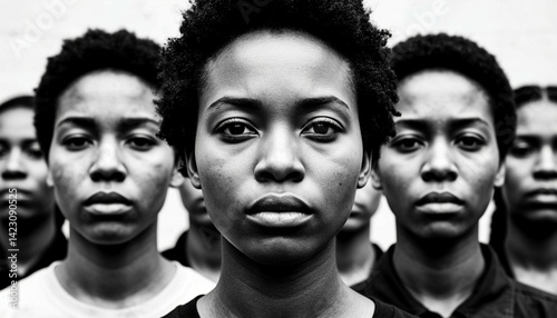 Black and white photograph of a group of people standing together, emphasizing unity and diversity