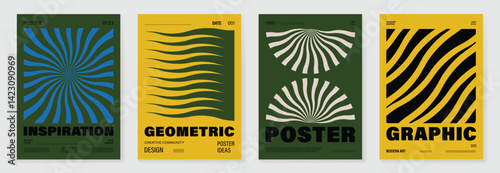 Abstract line wave poster background vector set. Cover template with vibrant perspective dot halftone, line wave. Ideal design for social media, cover, banner, music, ads.