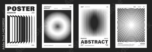 Abstract monochrome poster background vector set. Modern cover template with black and white perspective geometric prism shape, halftone dot, line. Ideal design for social media, banner, ads.