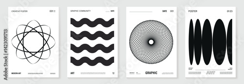 Abstract monochrome poster background vector set. Modern cover template with black and white perspective geometric prism shape, halftone dot, line. Ideal design for social media, banner, ads.