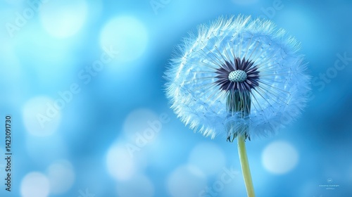 Close-up of a vibrant blue dandelion seed head.