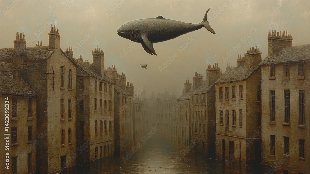 Naklejka premium Imaginative fish flying over a bustling cityscape below creating a surreal scene of nature and urban life merging