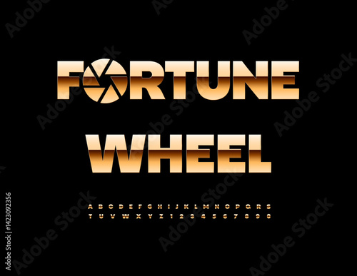 Vector Promo template Fortune Wheel with Golden Emblem. Chic Classic Font. Luxury Alphabet Letters and Numbers