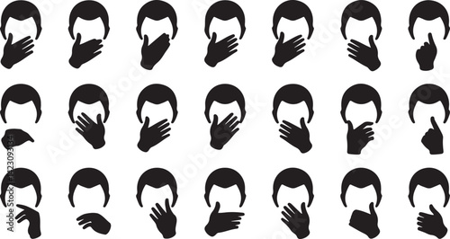 Men Hand Face Silhouette Vector Pack with Emotion Thought Icons in Black Minimal Style
