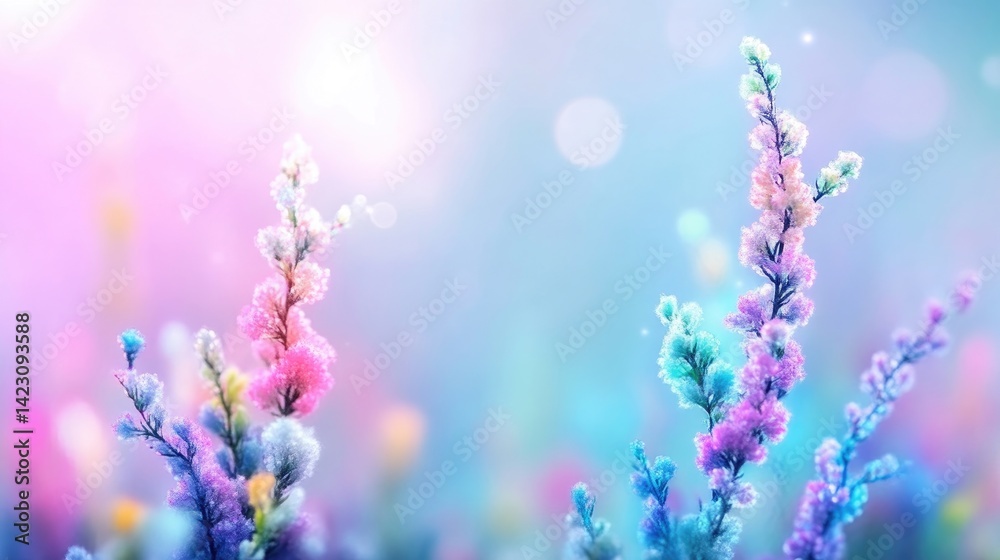 Naklejka premium Vibrant pastel flowers in soft focus. Delicate blooms in a variety of pastel shades against a dreamy, hazy background