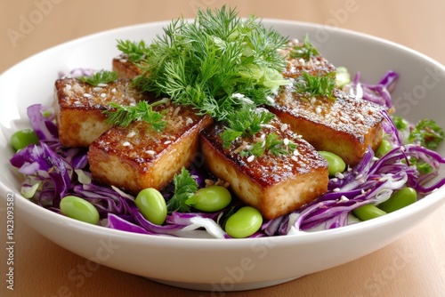 A low-calorie Asian-inspired bowl with tofu, edamame, and cabbage slaw