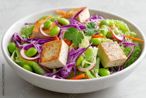 A low-calorie Asian-inspired bowl with tofu, edamame, and cabbage slaw