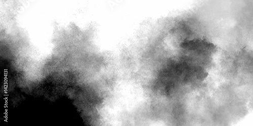 Black particles explosion isolated on white background. Painting gray with cloudy distressed texture. Calming scene of drifting smoke folding white and black watercolor grunge texture background