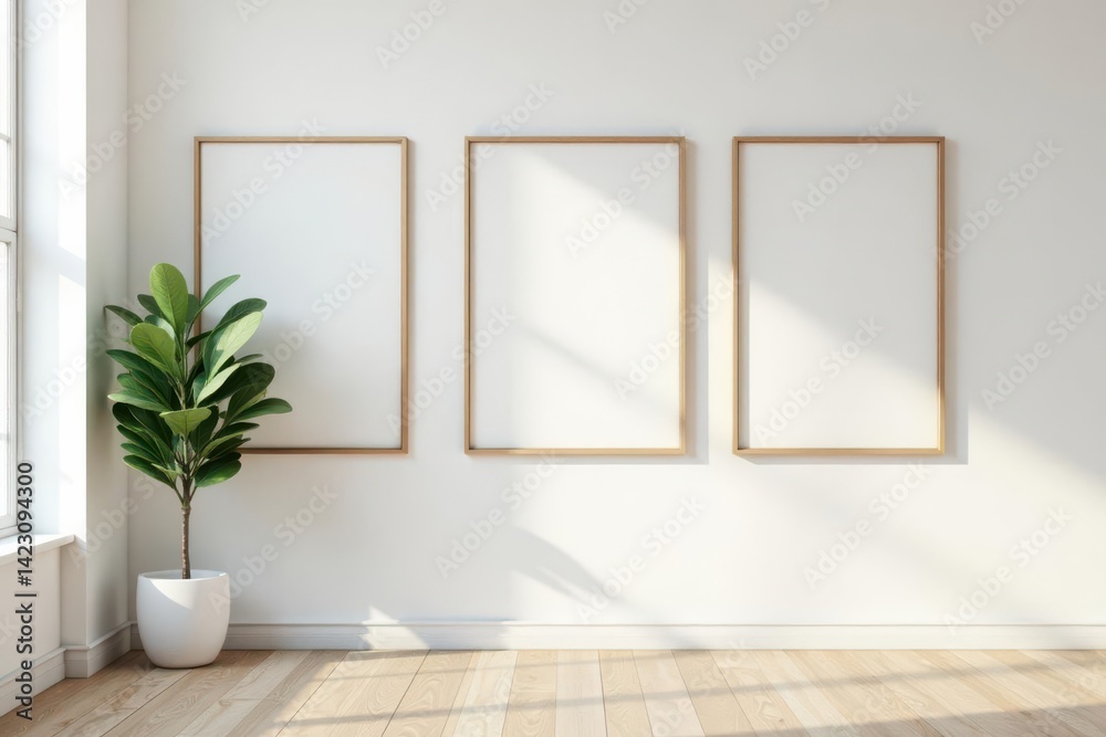 Fototapeta premium Sunlit Interior with Blank Frames and Potted Plant Ready for Design Display