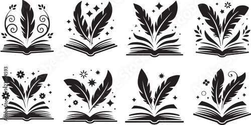 Open Book Quill Silhouette Vector Set with Writing Knowledge Icons in Black Minimal