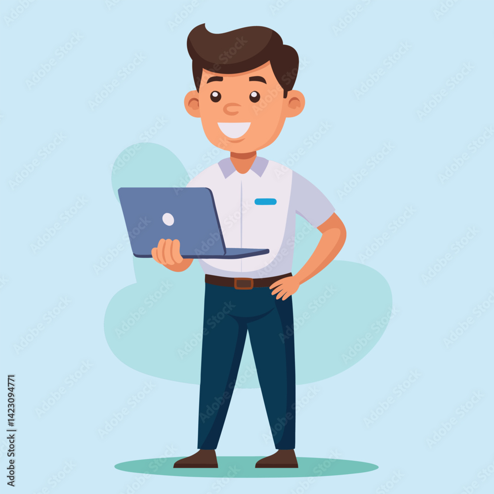 Young Man Using Laptop Concept Vector Illustration