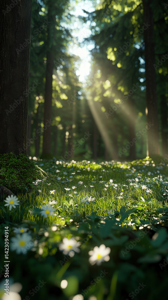 Obraz premium Bright spring woodland, fresh leaves, sunrays through tall trunks, wildflowers carpeting the forest floor