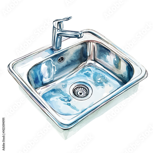 Stainless Steel Sink With Running, vector watercolor illustration, isolated on a white background.