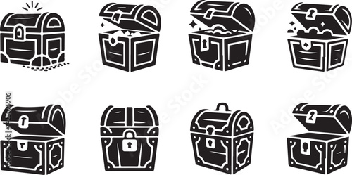 Treasure Chest Silhouette Vector Pack with Gold Coin Icons in Black Minimal Style
